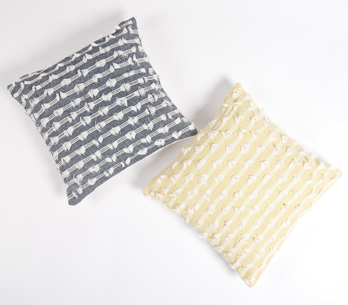 18" Yellow and White Striped Cotton Throw Pillow Cover With Fringe-4