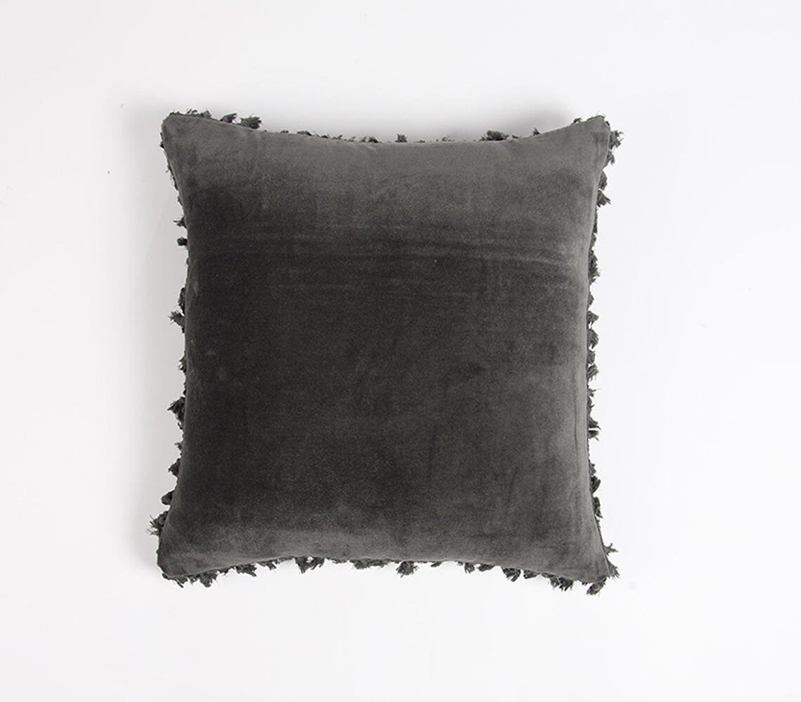 18" Gray Cotton Blend Throw Pillow Cover With Fringe-1