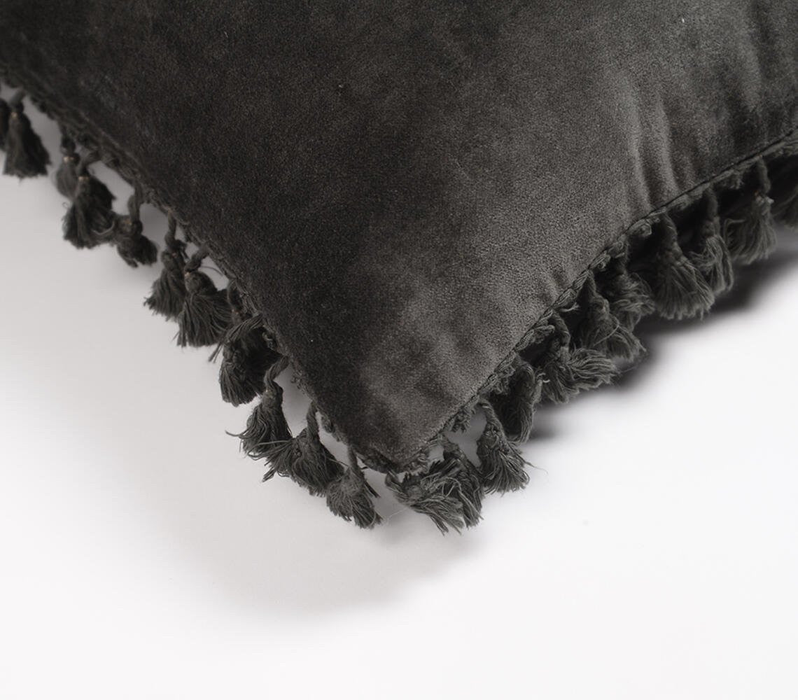 18" Gray Cotton Blend Throw Pillow Cover With Fringe-3