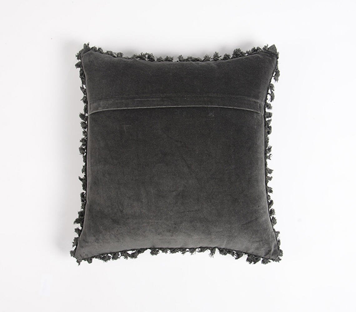 18" Gray Cotton Blend Throw Pillow Cover With Fringe-2