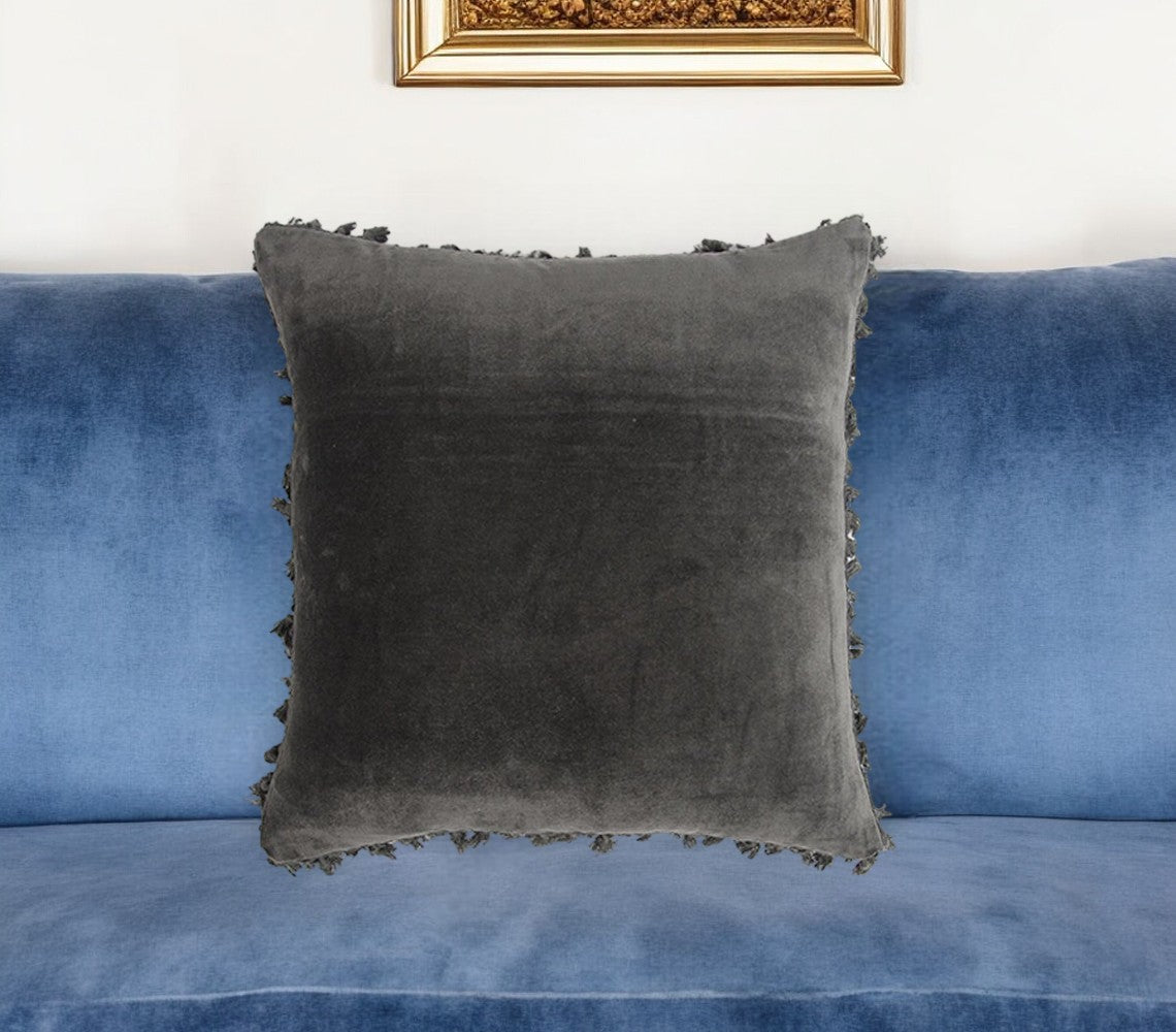 18" Gray Cotton Blend Throw Pillow Cover With Fringe-0
