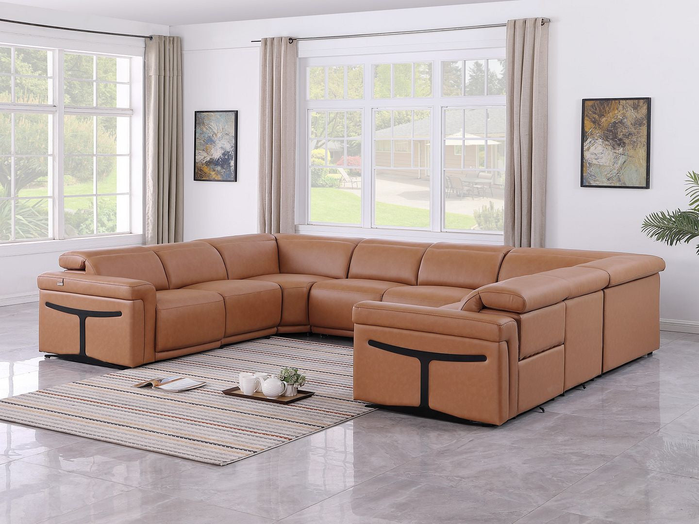 Chestnut Italian Leather Power Reclining U Shaped Eight Piece Corner Sectional With Console-7