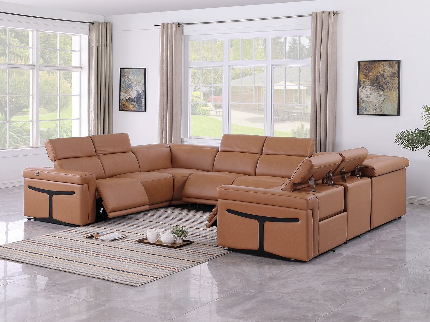 Chestnut Italian Leather Power Reclining U Shaped Eight Piece Corner Sectional With Console-8
