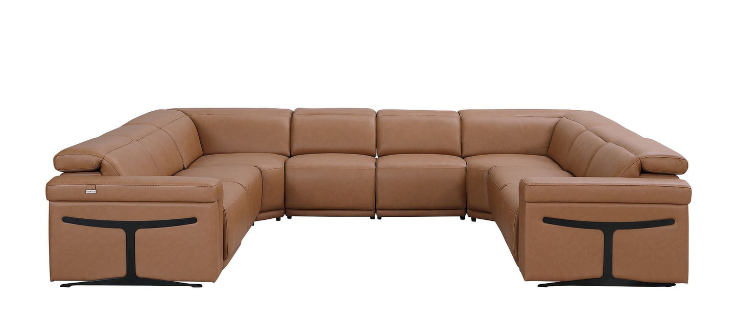 Chestnut Italian Leather Power Reclining U Shaped Eight Piece Corner Sectional With Console-1