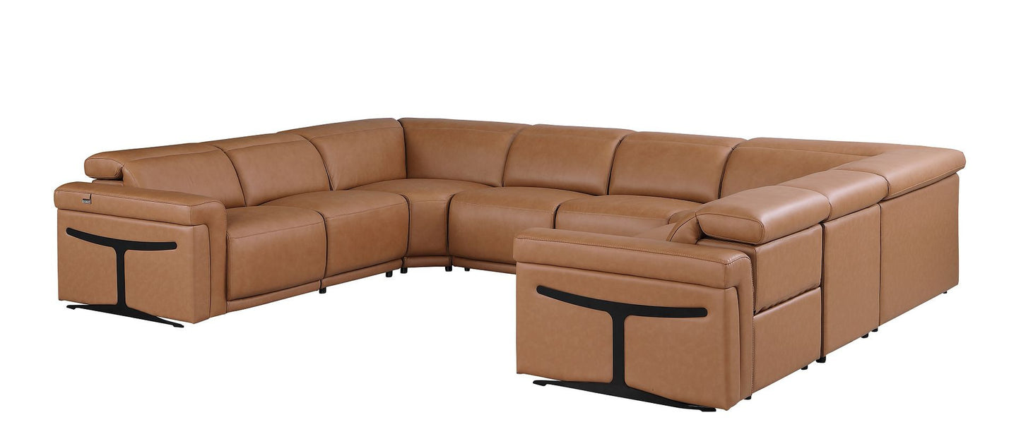 Chestnut Italian Leather Power Reclining U Shaped Eight Piece Corner Sectional With Console-2