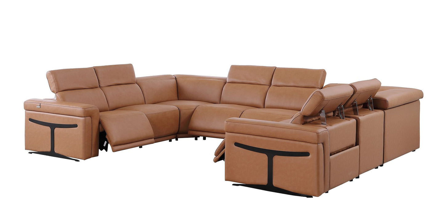 Chestnut Italian Leather Power Reclining U Shaped Eight Piece Corner Sectional With Console-3