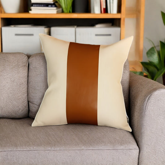 17" Ivory And Brown Fabric And Faux Leather Throw Pillow Cover-0