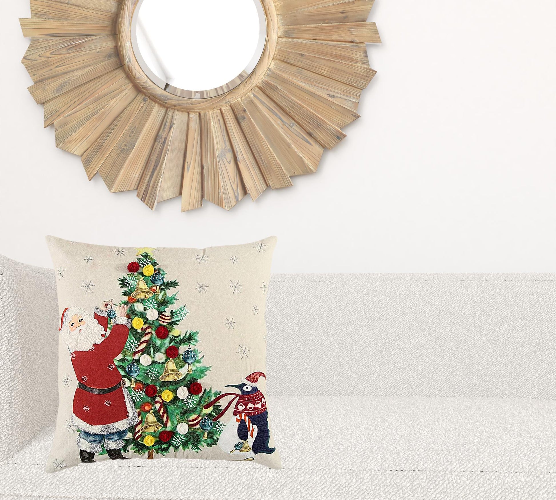 Ivory Vintage Santa and Penguin Christmas Throw Pillow-1