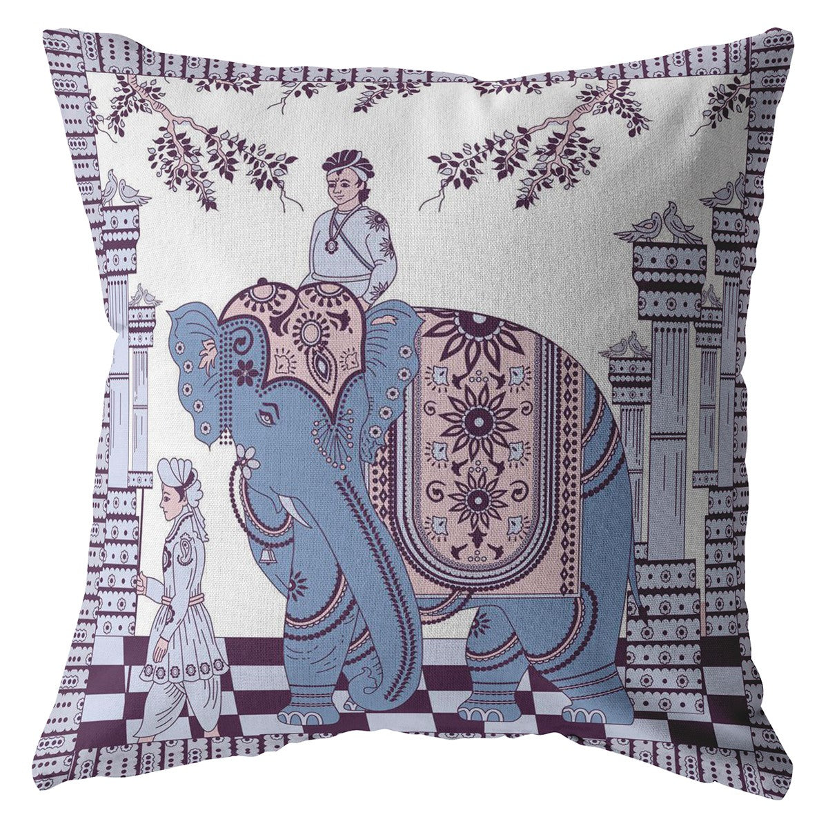 16” Blue Purple Ornate Elephant Zippered Suede Throw Pillow-0