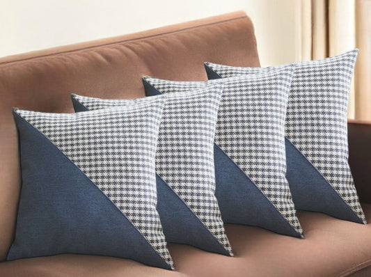 Set of Four 18" Blue and White Houndstooth Fabric Throw Pillows-0