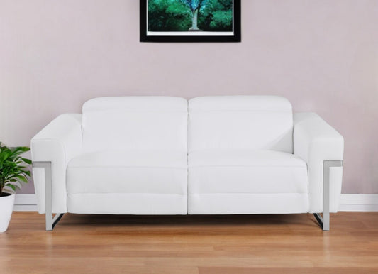 83" White Italian Leather USB Reclining Sofa With Chrome Legs-0