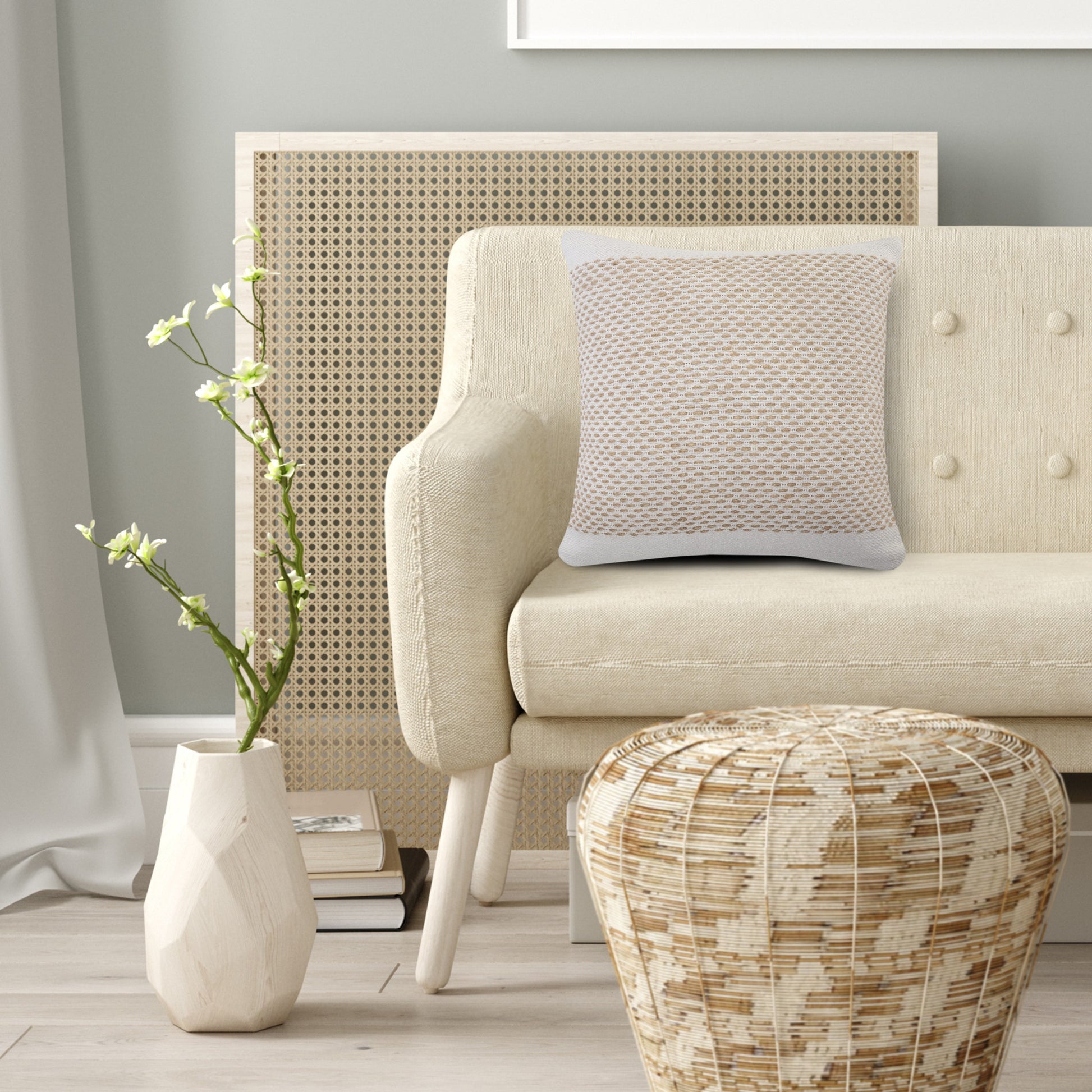 20" Ivory And Natural Cotton Geometric Throw Pillow-5