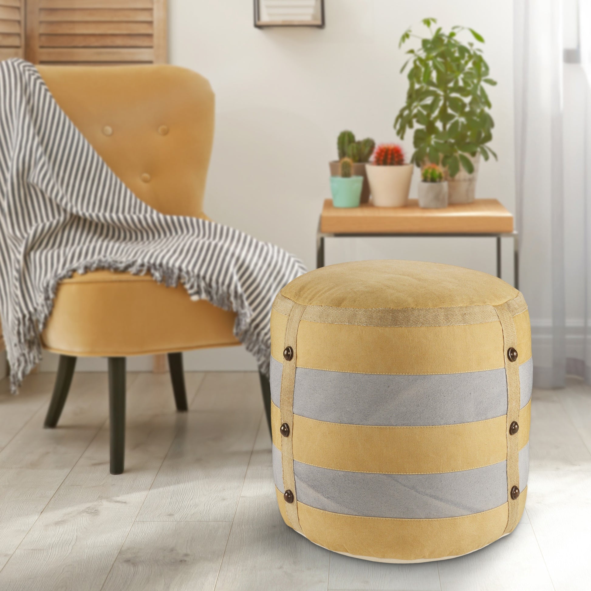 16" Tan Cotton Cylinder Striped Pouf Ottoman-7