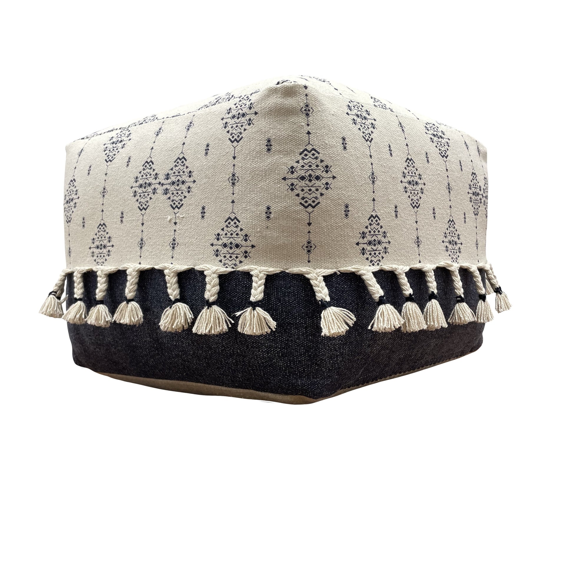 18" Natural And Navy Blue Cotton Medallion Pouf Ottoman-6