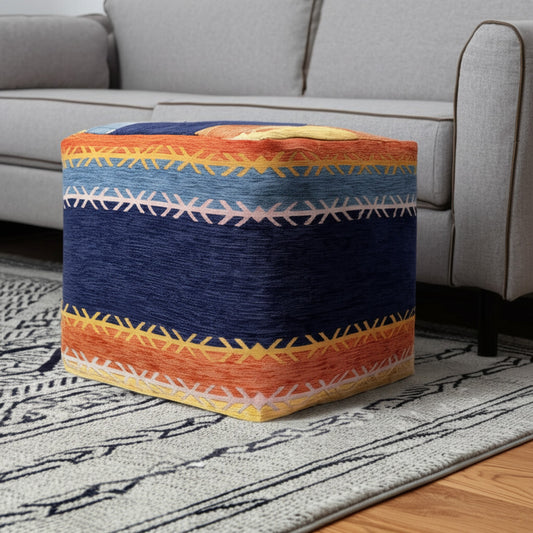 18" Blue And Orange Polyester Blend Striped Pouf Ottoman-0