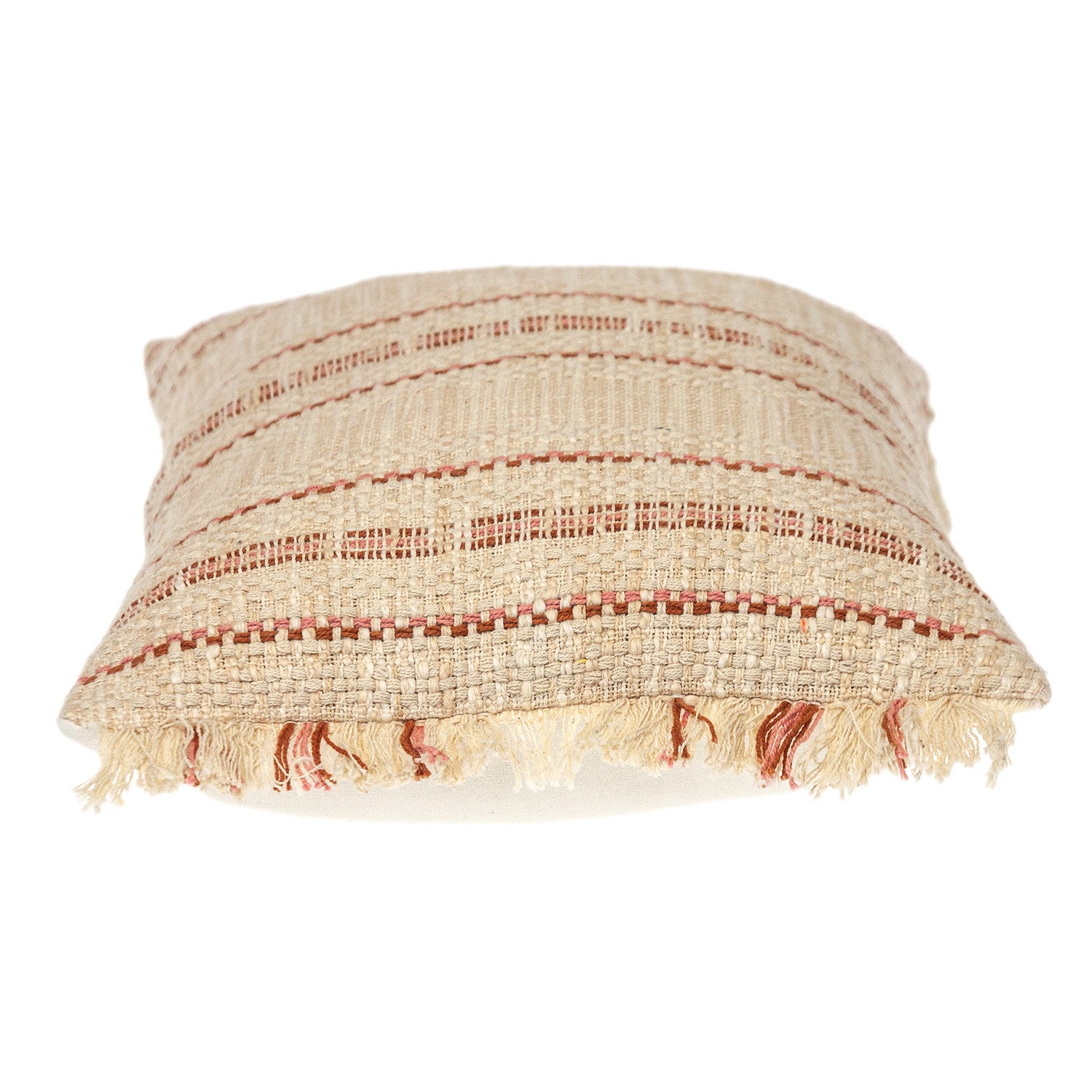 14" X 20" Beige and Pink Striped Cotton Throw Pillow With Fringe-3