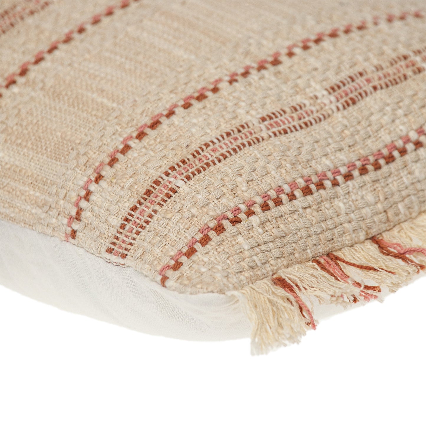 14" X 20" Beige and Pink Striped Cotton Throw Pillow With Fringe-4