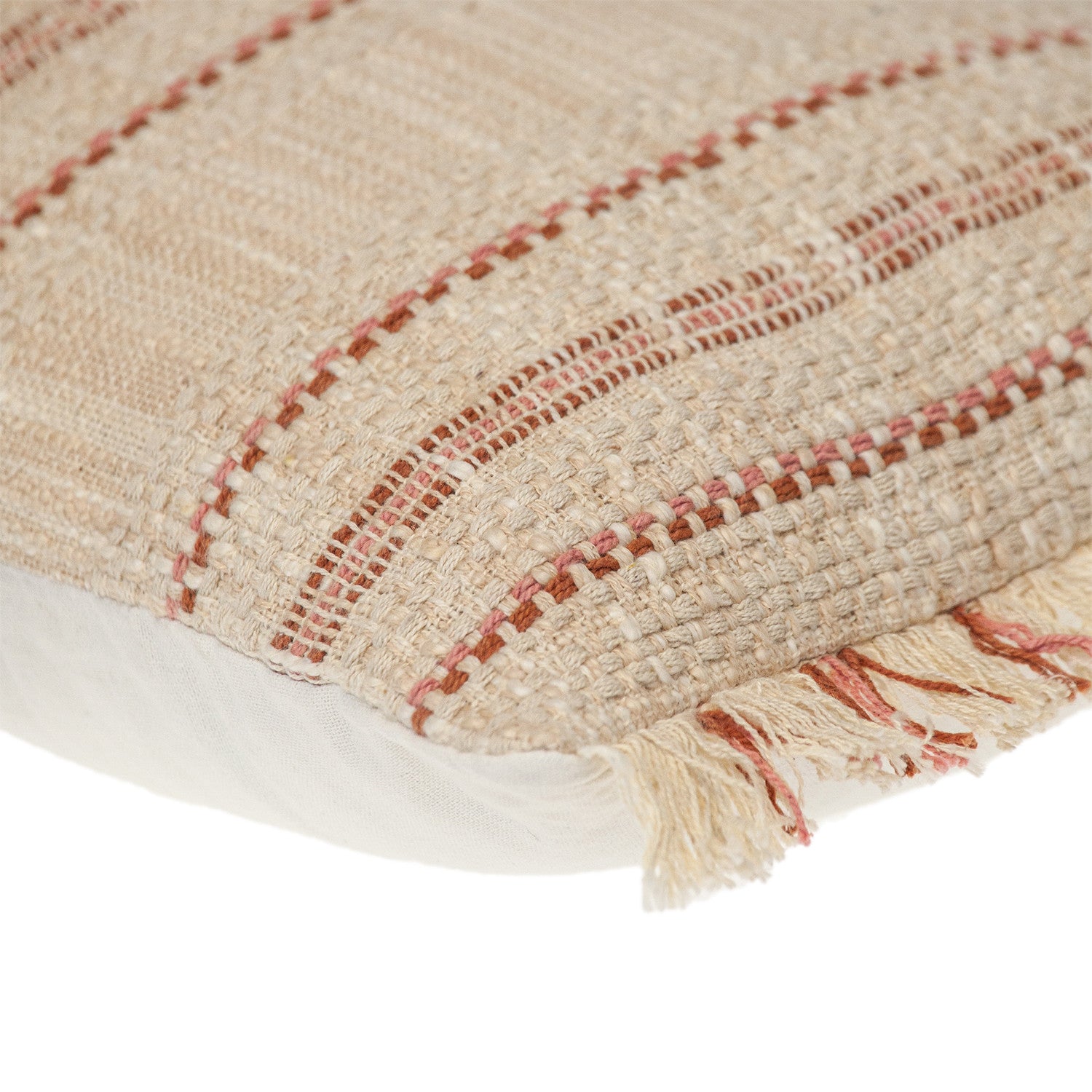 14" X 20" Beige and Pink Striped Cotton Throw Pillow With Fringe-4