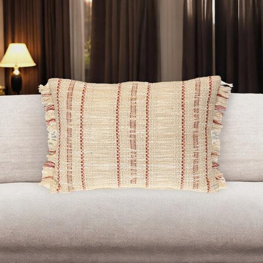 14" X 20" Beige and Pink Striped Cotton Throw Pillow With Fringe-0