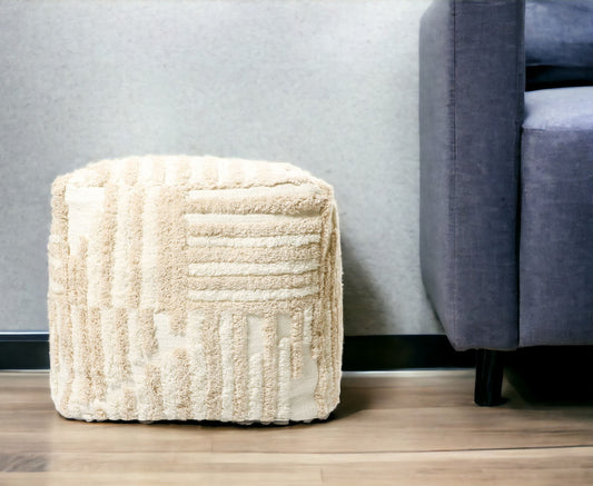 18" Beige Cotton Cube Striped Pouf Ottoman-0