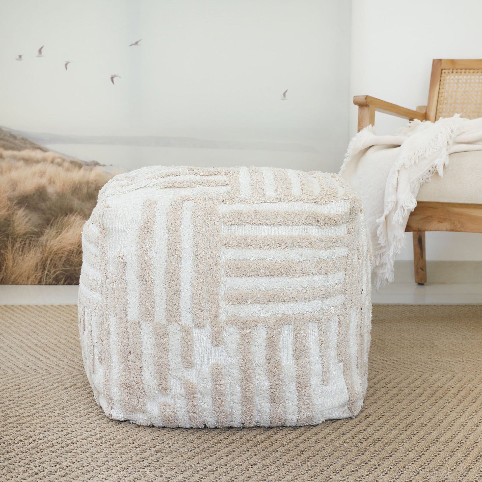 18" Beige Cotton Cube Striped Pouf Ottoman-7