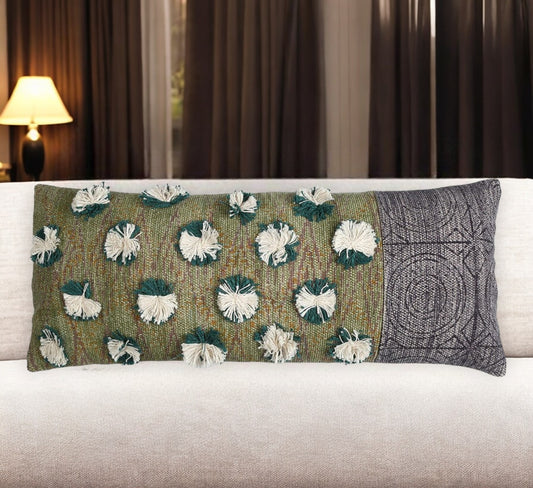 12" X 28" Beige and Green Abstract Cotton Throw Pillow Cover With Fringe-0
