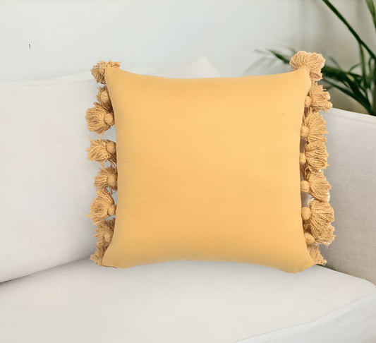 17" Mustard Cotton Throw Pillow Cover With Tassels-0