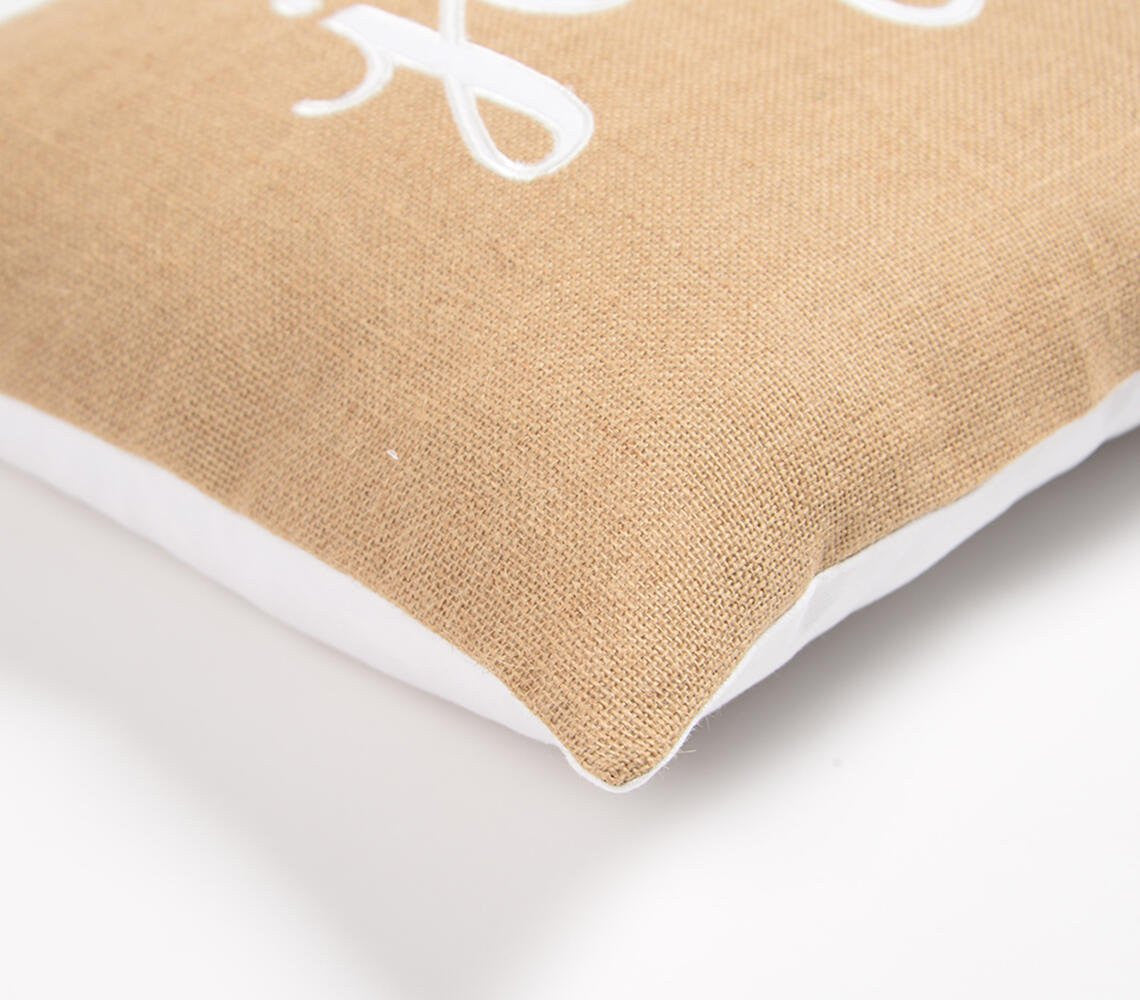 16" Beige and White Jute Throw Pillow Cover With Embroidery-3