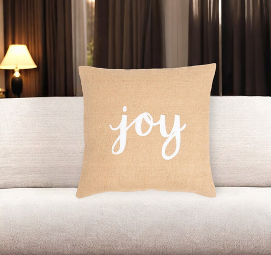 16" Beige and White Jute Throw Pillow Cover With Embroidery-0