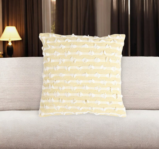 18" Yellow and White Striped Cotton Throw Pillow Cover With Fringe-0