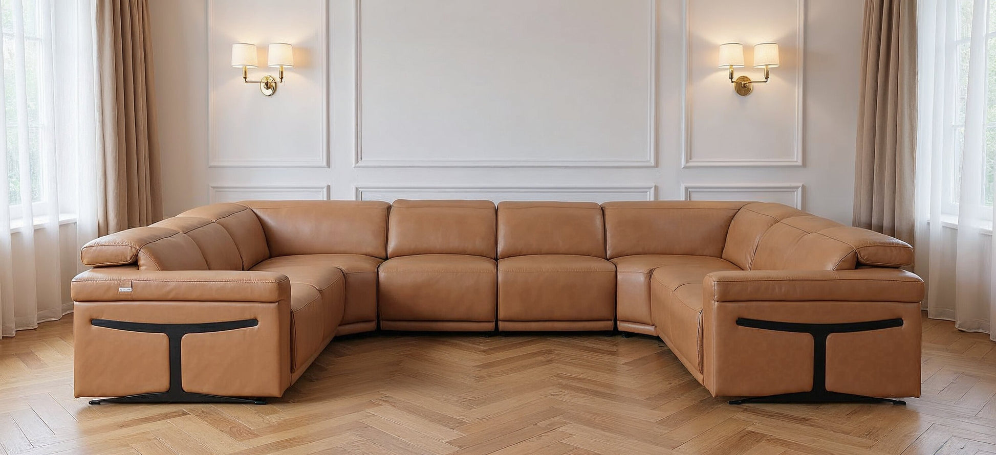 Chestnut Italian Leather Power Reclining U Shaped Eight Piece Corner Sectional With Console-0
